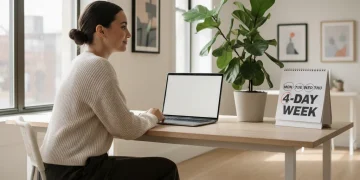 Persona relajada en su escritorio con semana laboral de 4 días y desconexión digital