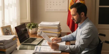 Persona leyendo documentos de solicitud de ayudas para personas con discapacidad en España.