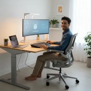 Ergonomía Digital 2026: 3 Ajustes Simples para Evitar Dolores Físicos Persona trabajando cómodamente en un escritorio ergonómico moderno en 2026, con monitor curvo, silla ergonómica y buena iluminación.