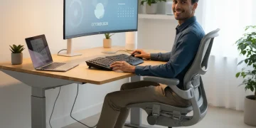 Persona trabajando cómodamente en un escritorio ergonómico moderno en 2026, con monitor curvo, silla ergonómica y buena iluminación.
