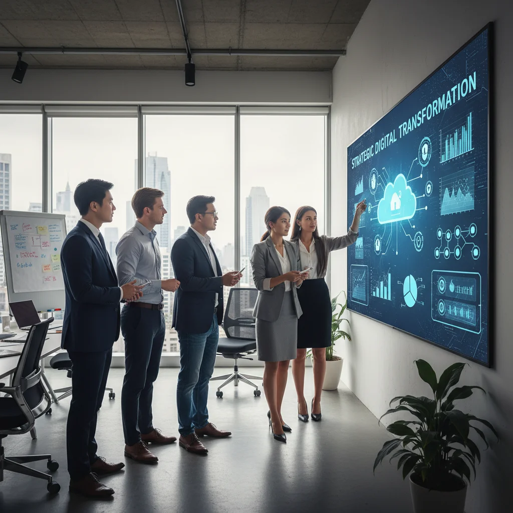 Profesionales colaborando y planificando la transformación digital de una PYME en un entorno moderno de oficina.