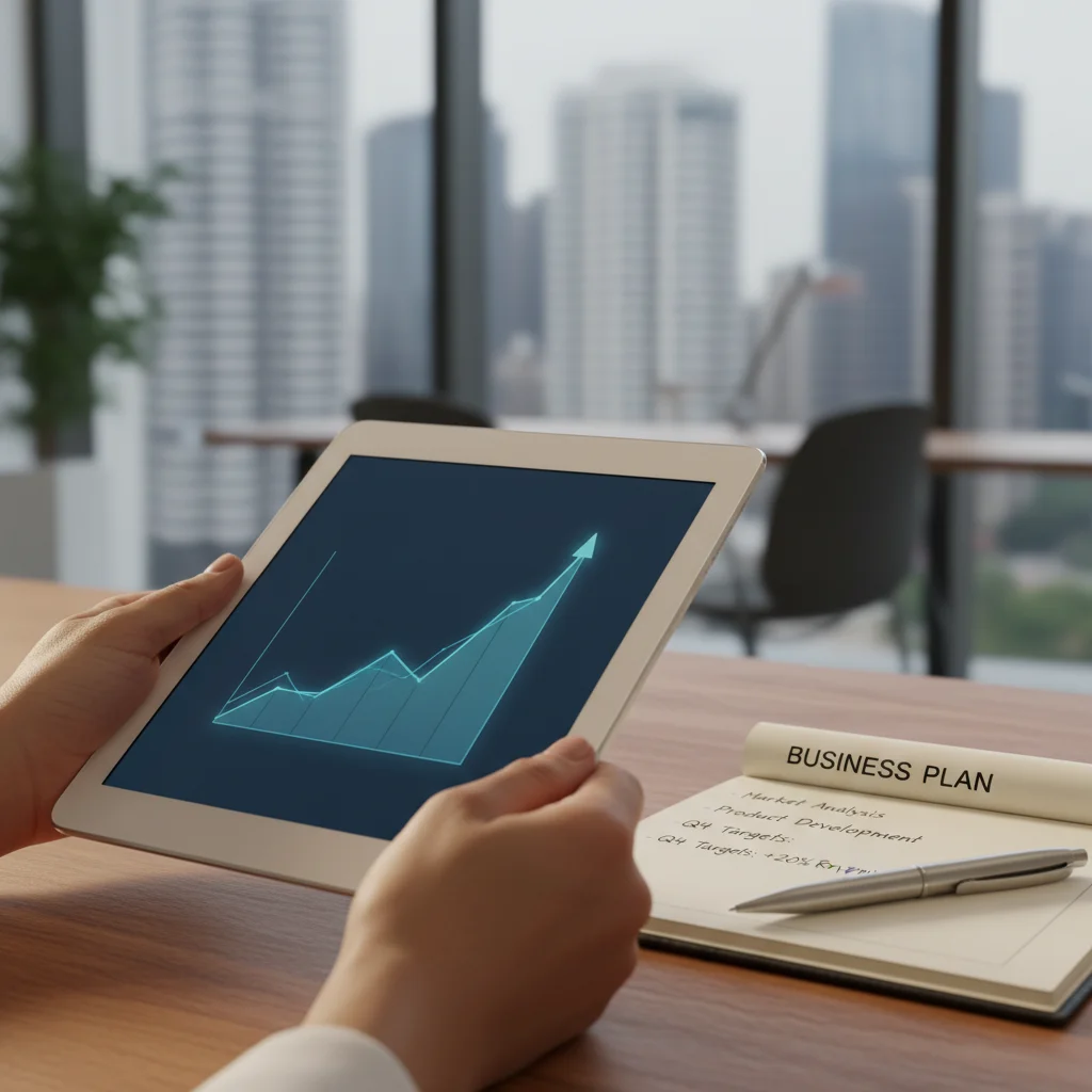 Manos sosteniendo una tablet con gráficos financieros, representando la planificación y el crecimiento de un proyecto emprendedor.