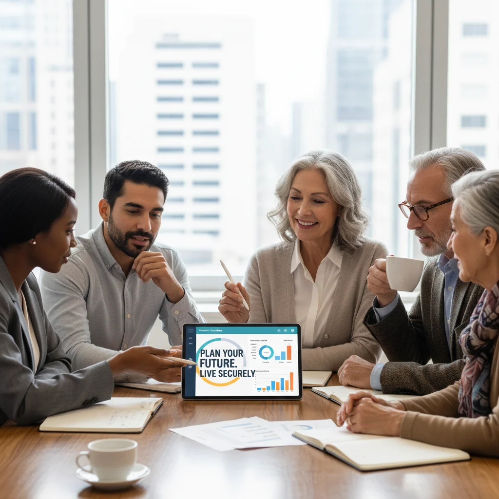 Grupo de personas de diversas edades planificando su futuro financiero y jubilación.