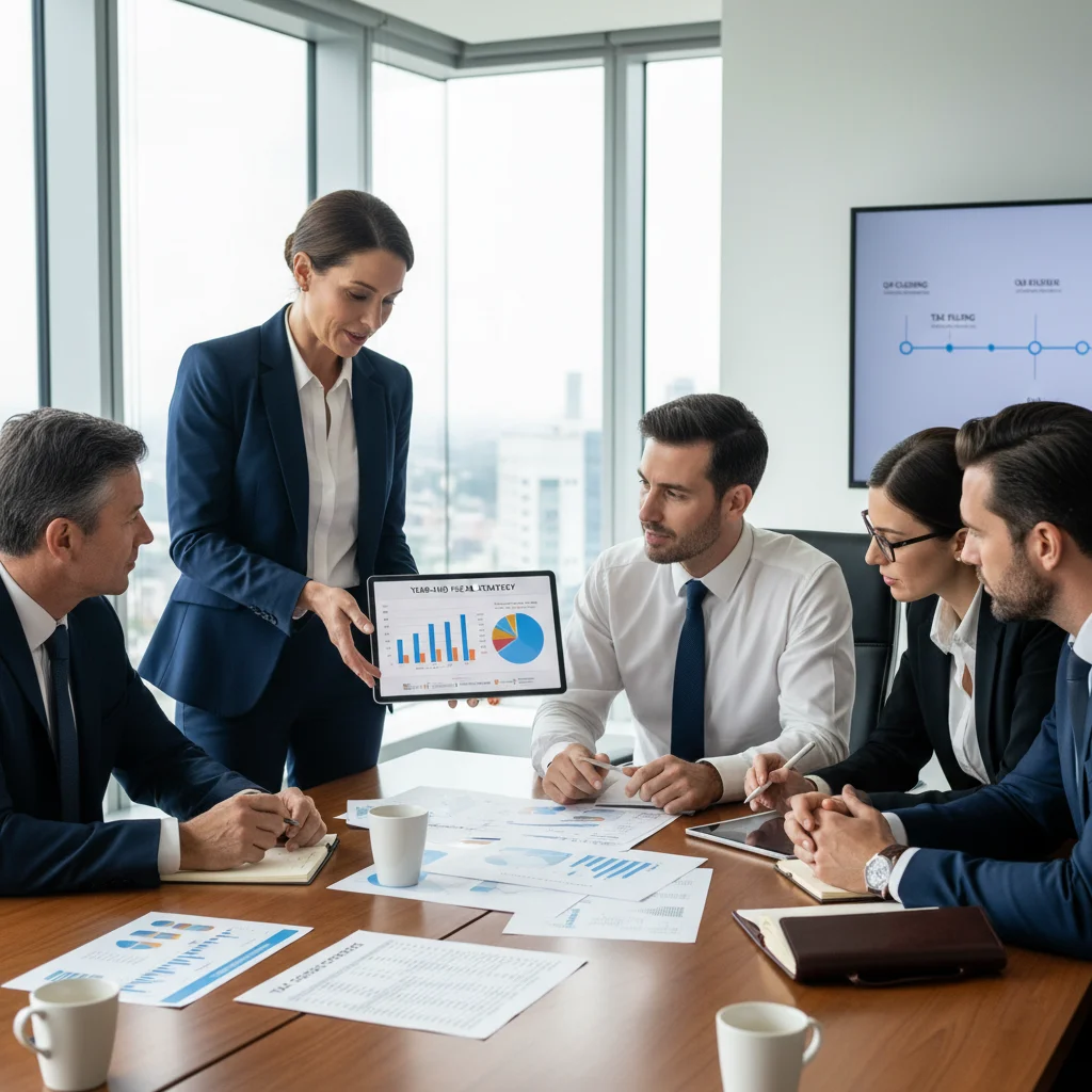 Equipo de profesionales de negocios colaborando en una mesa, discutiendo informes financieros y planificación fiscal estratégica.