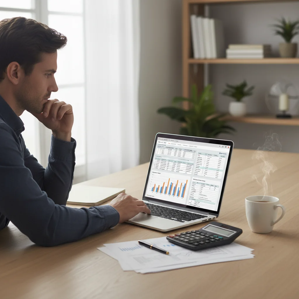 Persona analizando datos financieros y formularios de impuestos en un ordenador portátil