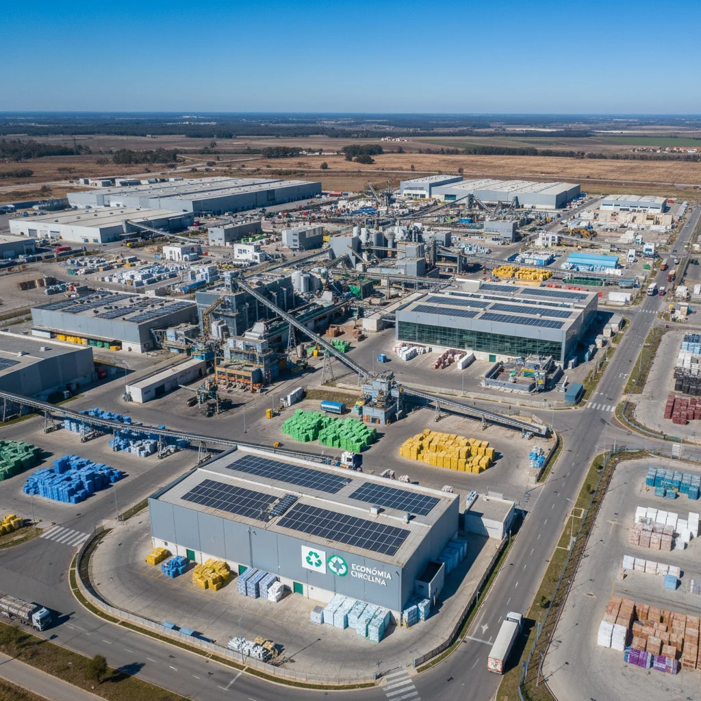 Vista aérea de una planta moderna de tratamiento y reciclaje de residuos en España.