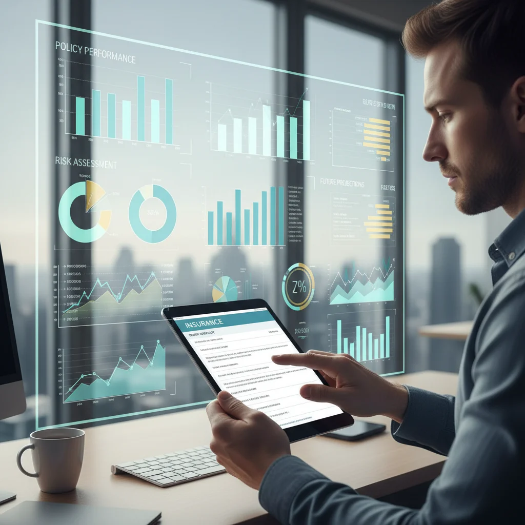 Person reviewing digital insurance documents with financial charts, representing policy optimization and financial planning.