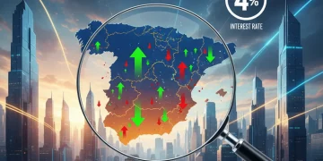 Gráfico de previsiones del mercado inmobiliario español en 2026 con tipos de interés al 4% y tendencias de precios.