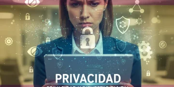 Persona preocupada por la privacidad de datos en España con símbolos digitales.