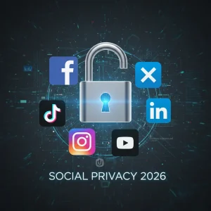 Privacidad Redes Sociales 2026: 6 Configuraciones Esenciales (Guía Completa) Icono de candado sobre logos de redes sociales, simbolizando la seguridad y privacidad de datos en línea.