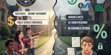 Comparative diagram of federal and private student loan pathways with diverse students and financial symbols.