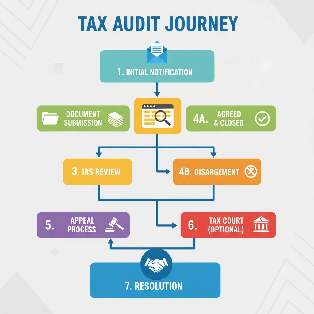 Infografía detallada del proceso de auditoría fiscal, desde el inicio hasta la resolución, destacando los puntos clave.