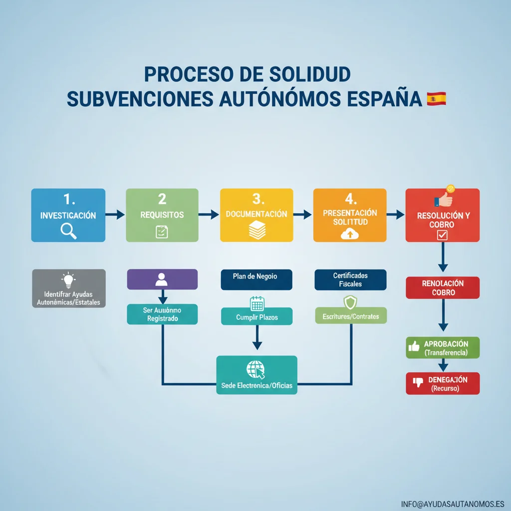 Infografía detallada del proceso de solicitud para ayudas de autoempleo en España.
