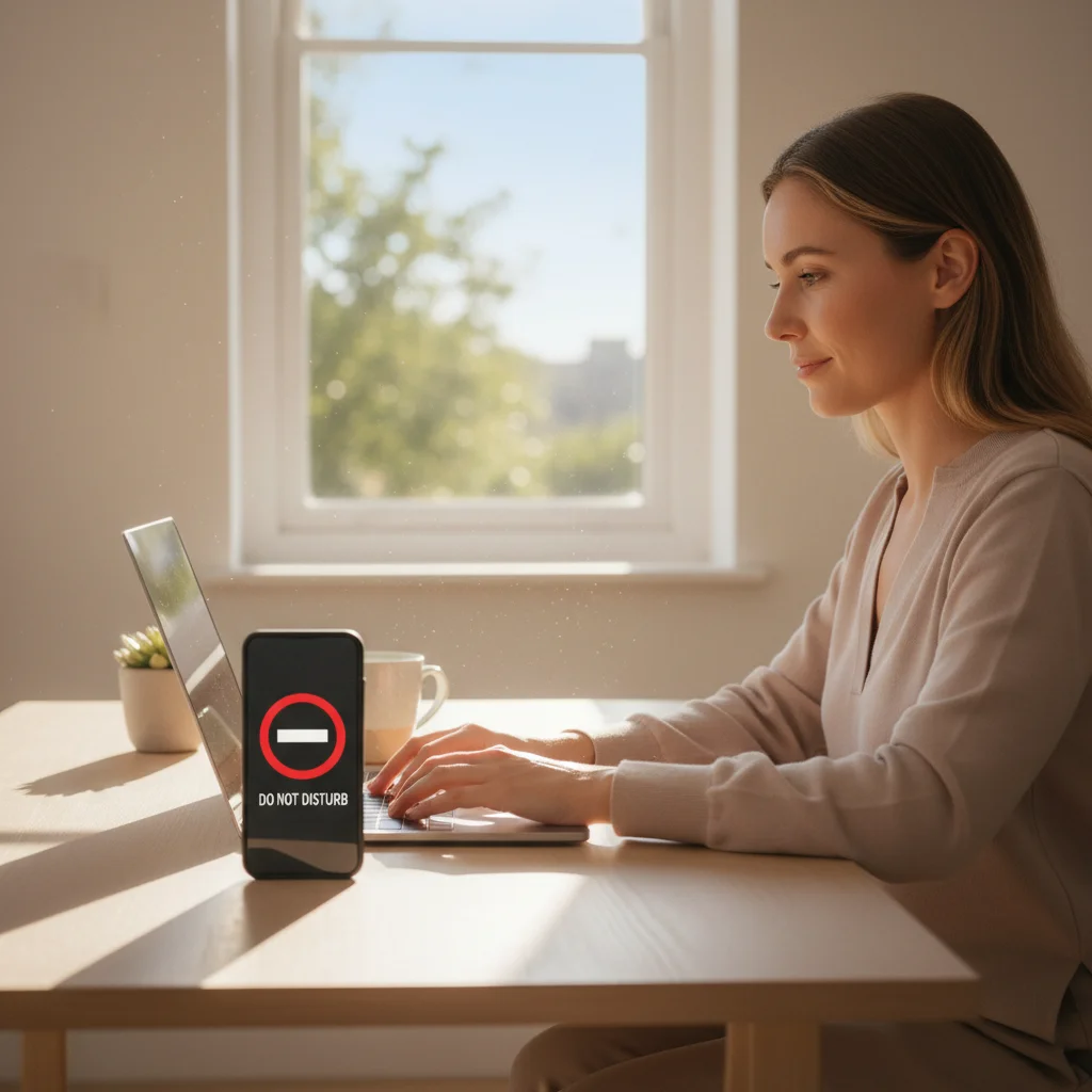 Persona concentrada trabajando, con el modo 'no molestar' activado en su teléfono, simbolizando productividad.