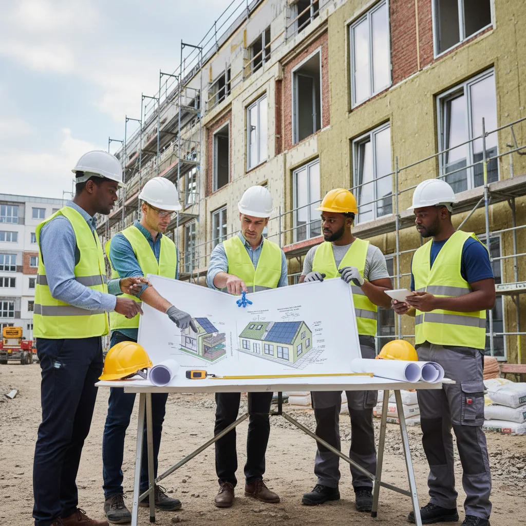 Equipo de arquitectos y constructores revisando planos de rehabilitación energética en obra