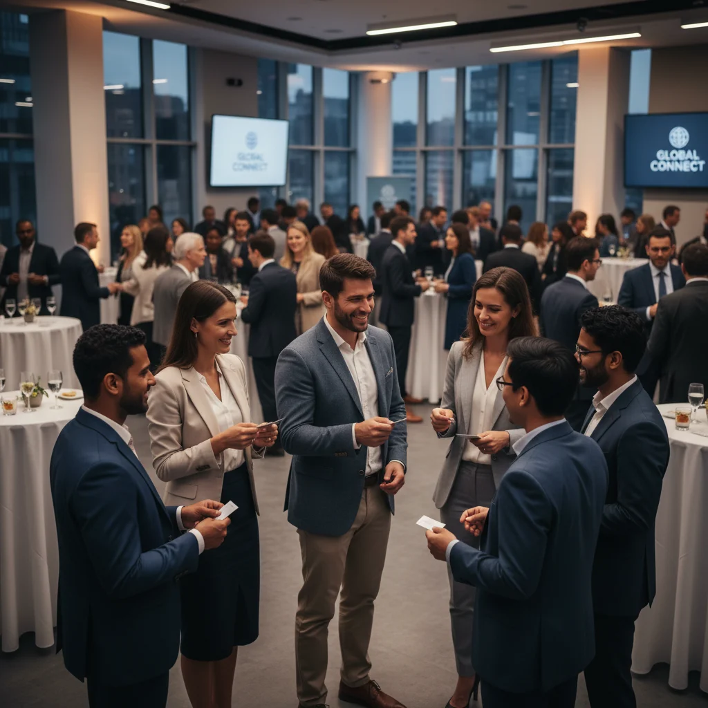 Diverse professionals networking at an event, exchanging information and building connections for career advancement.