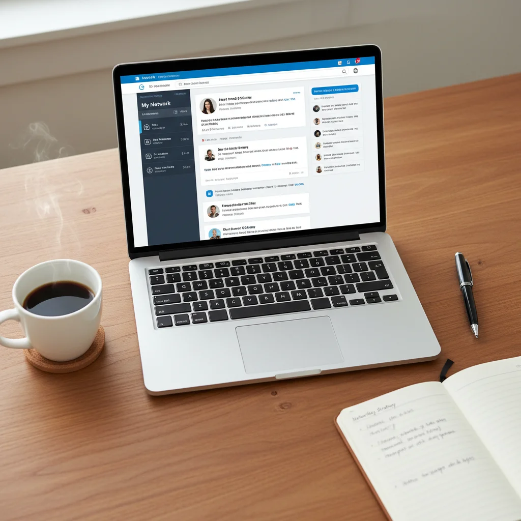 Laptop showing professional networking platform, emphasizing career connections and communication.