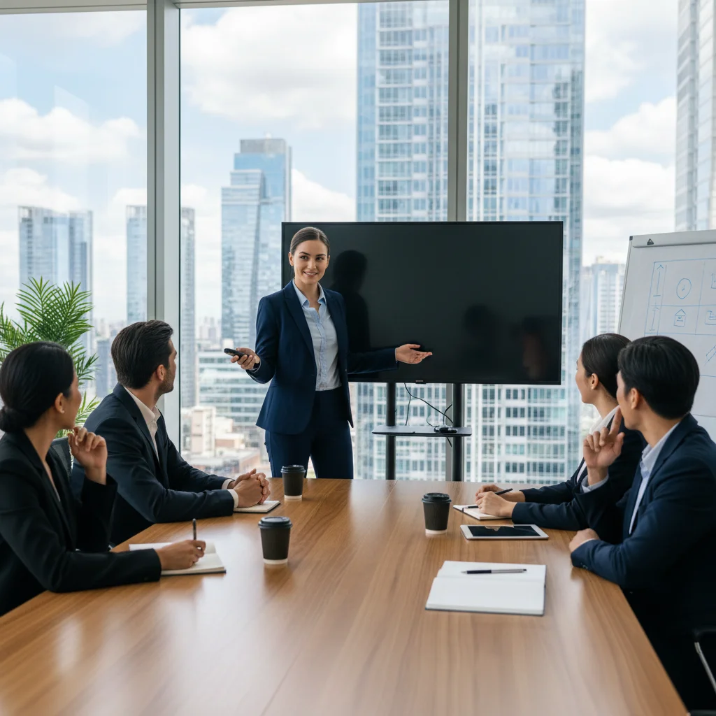 Young professional giving a confident presentation in a modern corporate meeting room.