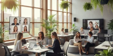 Professional women navigating remote and hybrid work models in a modern office environment.