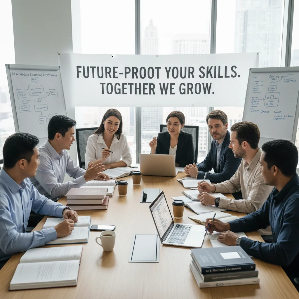 Diverse group of professionals collaborating and learning, representing continuous skill development and certification pursuit.