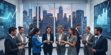 Professionals networking at a conference, exchanging business cards and engaging in discussion, symbolizing career advancement.
