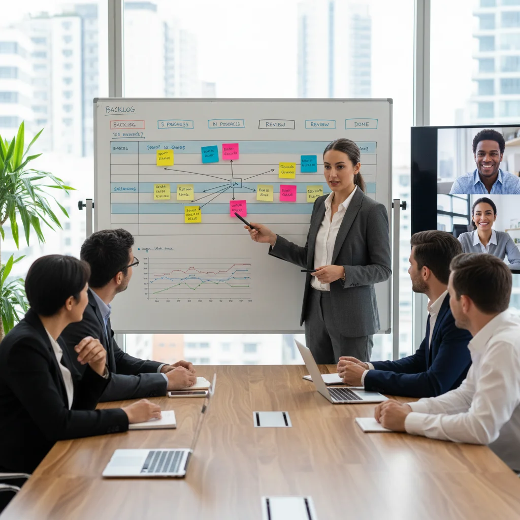 Woman leading a project team, demonstrating project management skills