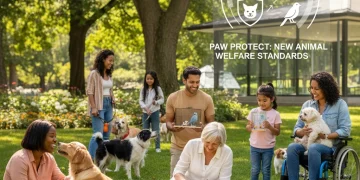Propietarios de mascotas felices interactuando con sus animales en un parque, simbolizando la nueva Ley de Bienestar Animal 2026.