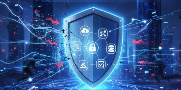 Escudo digital protegiendo datos en un entorno tecnológico futurista, simbolizando la nueva legislación de protección de datos 2026.