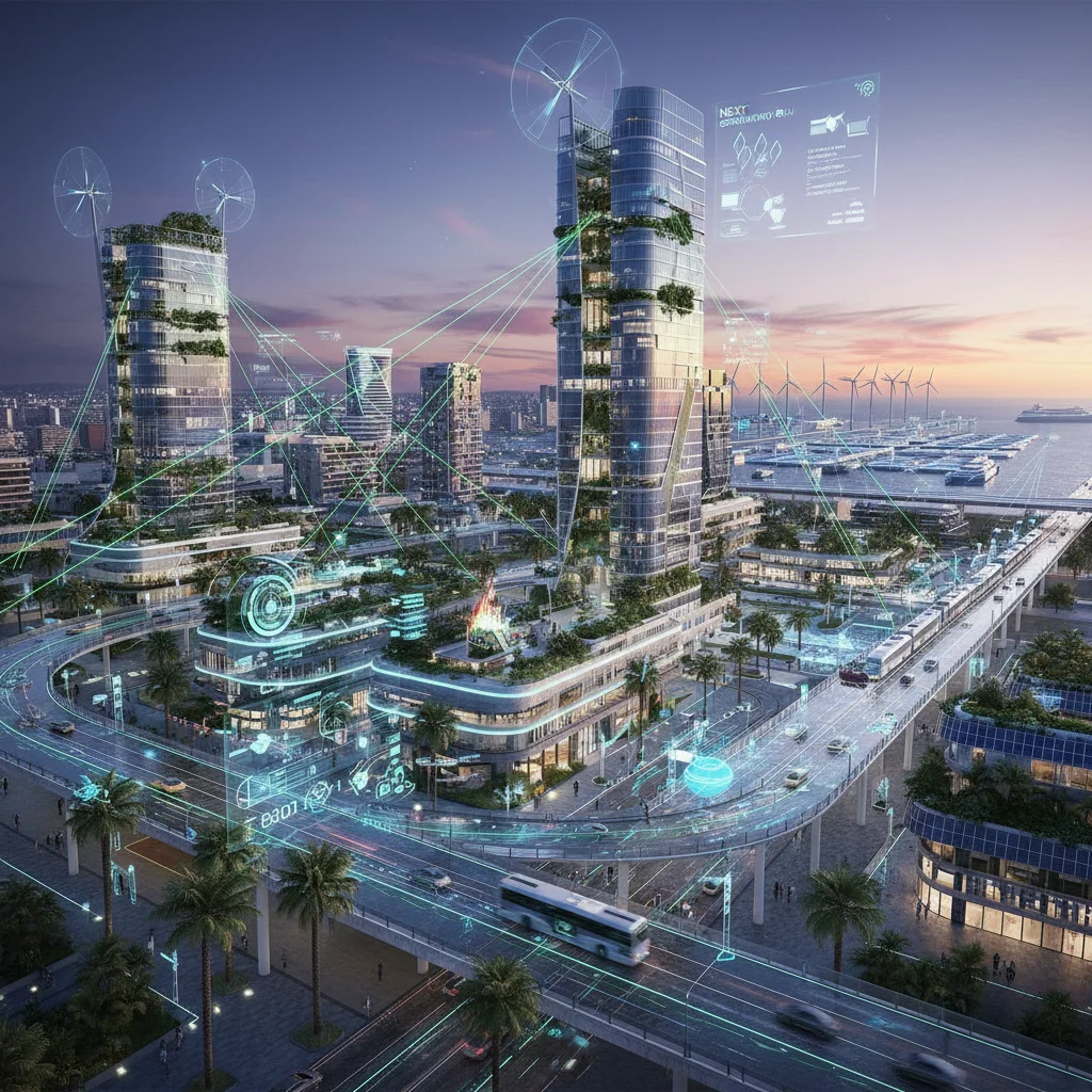 Gráfico de una ciudad inteligente con energía renovable y vehículos eléctricos, reflejando la digitalización y sostenibilidad.