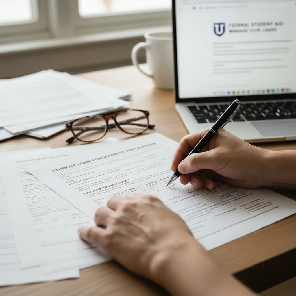 Detailed view of someone meticulously filling out a PSLF application form