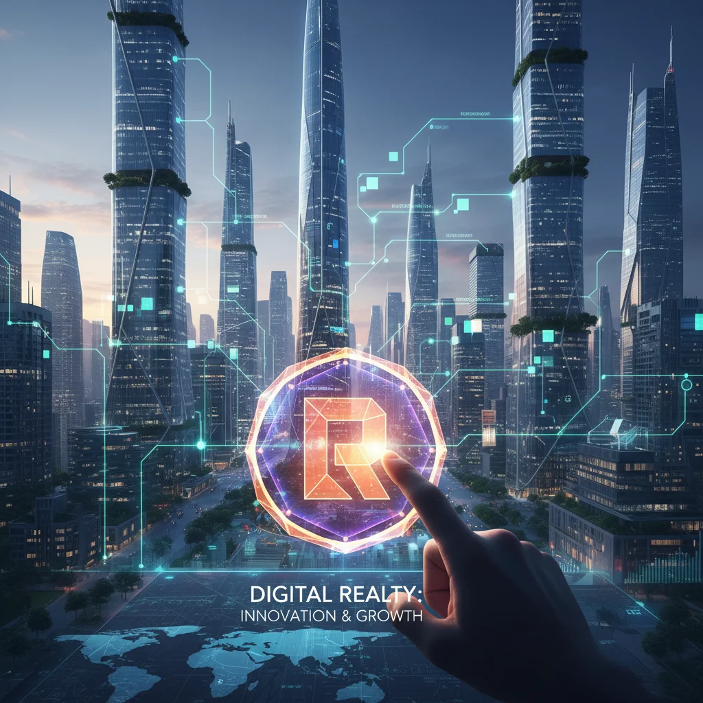 Futuristic city skyline with blockchain overlays and a hand pointing to a glowing cryptocurrency symbol, illustrating digital asset growth.