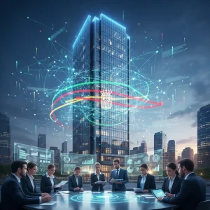 Beneficios Fiscales 2026: Ayudas Estatales para Digitalización de Empresas en España Red digital sobre edificio moderno, simbolizando la digitalización empresarial y el apoyo estatal en España.