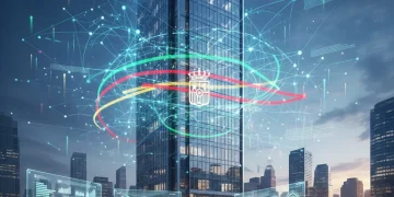 Red digital sobre edificio moderno, simbolizando la digitalización empresarial y el apoyo estatal en España.
