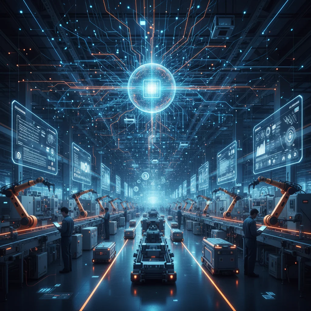 Red de dispositivos IoT y flujos de datos, ilustrando la transformación digital con IA e I+D.