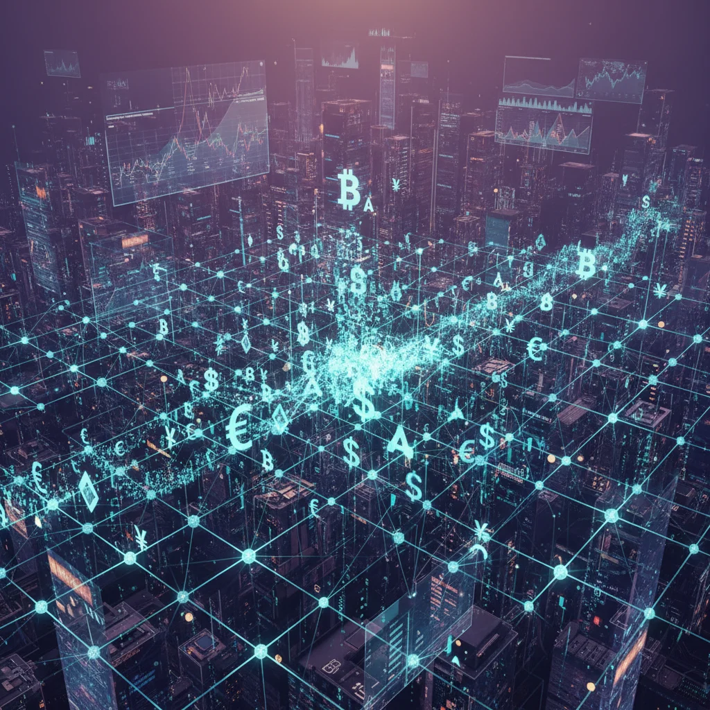 Red neuronal de Inteligencia Artificial procesando grandes volúmenes de datos financieros para optimizar decisiones de inversión.