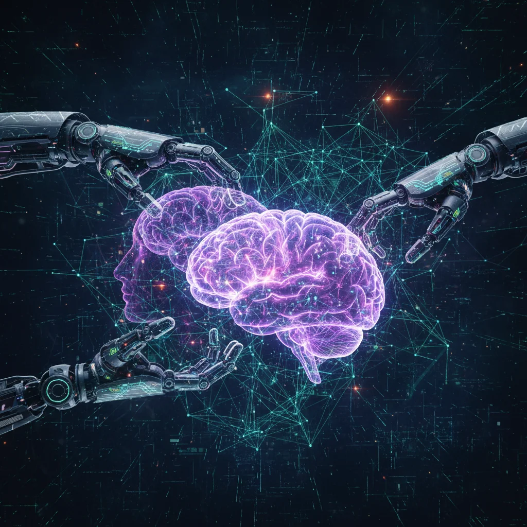 Red neuronal compleja con elementos de IA y robótica.