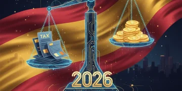 Balanza fiscal con documentos y monedas, representando la reforma fiscal de España en 2026