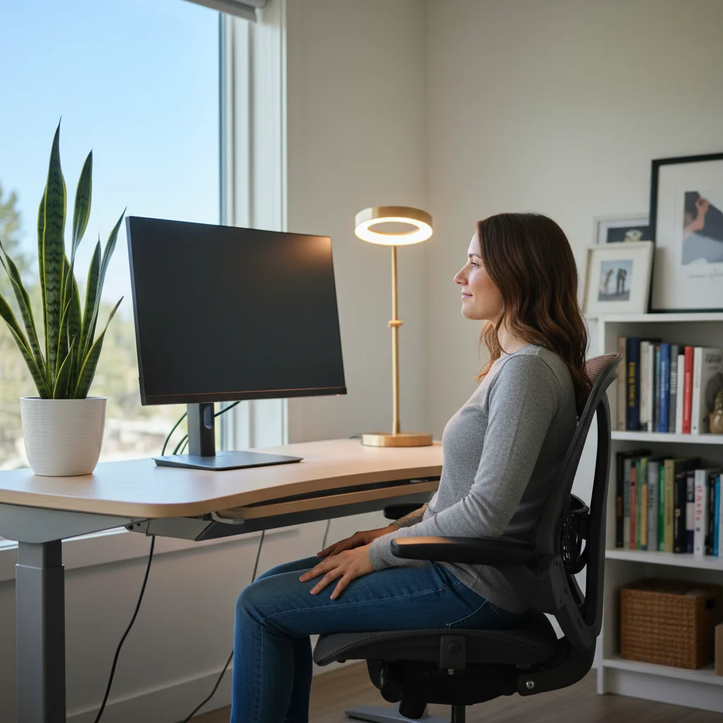 Escritorio ergonómico y persona aplicando la regla 20-20-20 para descansar la vista frente a la computadora.