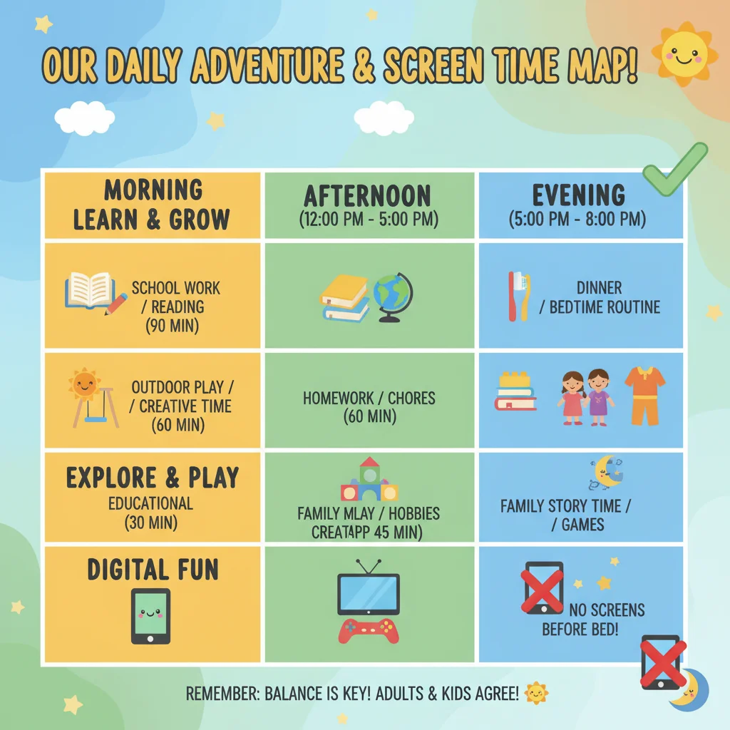 Tabla de reglas de tiempo de pantalla para niños, con horarios y actividades