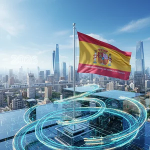 Paisaje financiero futurista con criptomonedas y símbolos regulatorios españoles para 2026.