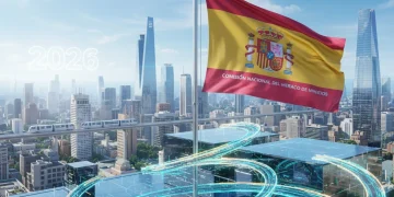Paisaje financiero futurista con criptomonedas y símbolos regulatorios españoles para 2026.
