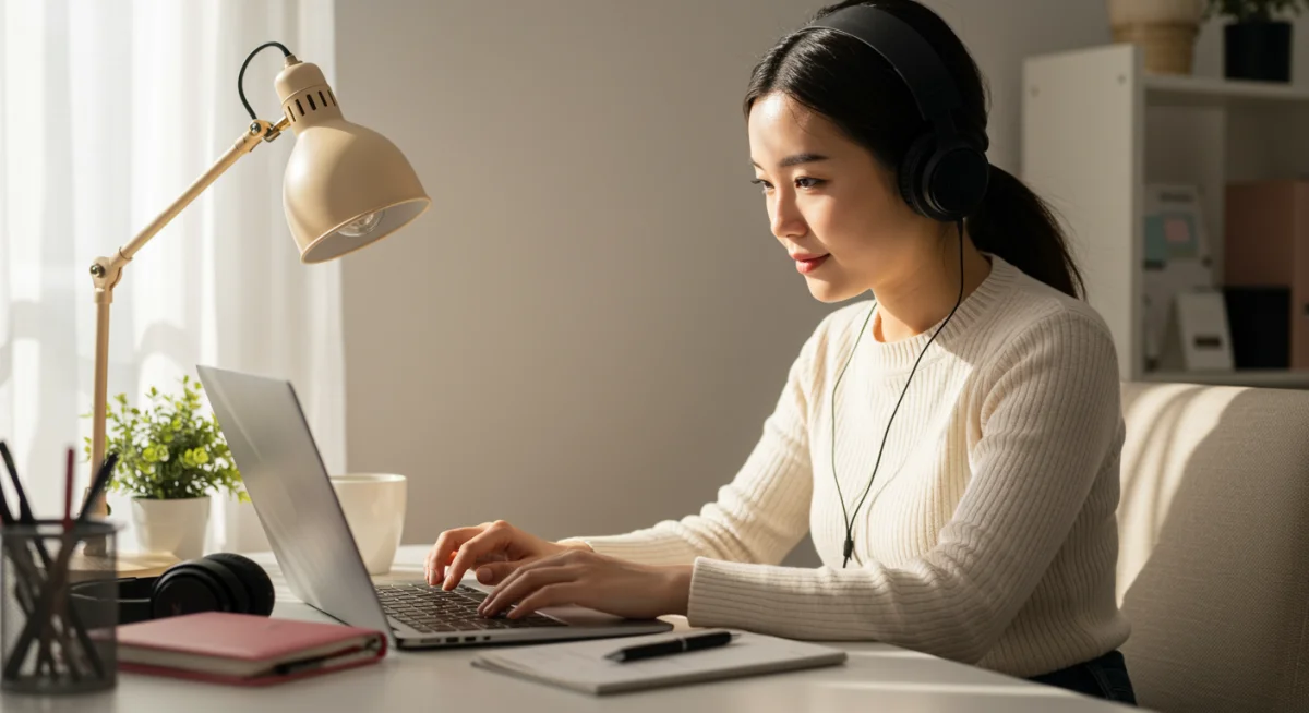 Individual demonstrating self-management and productivity in a remote work environment.