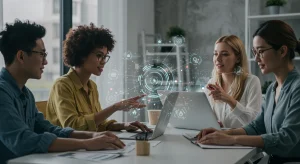 Professionals collaborating virtually on screens, representing remote work skills.