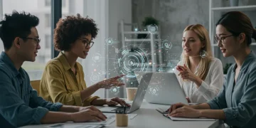 Professionals collaborating virtually on screens, representing remote work skills.