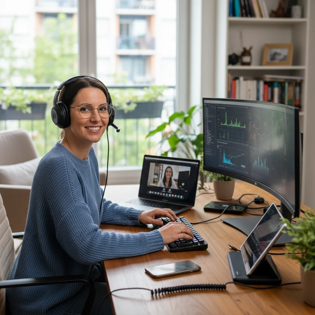 Woman thriving in a remote work environment, demonstrating digital skills and flexibility