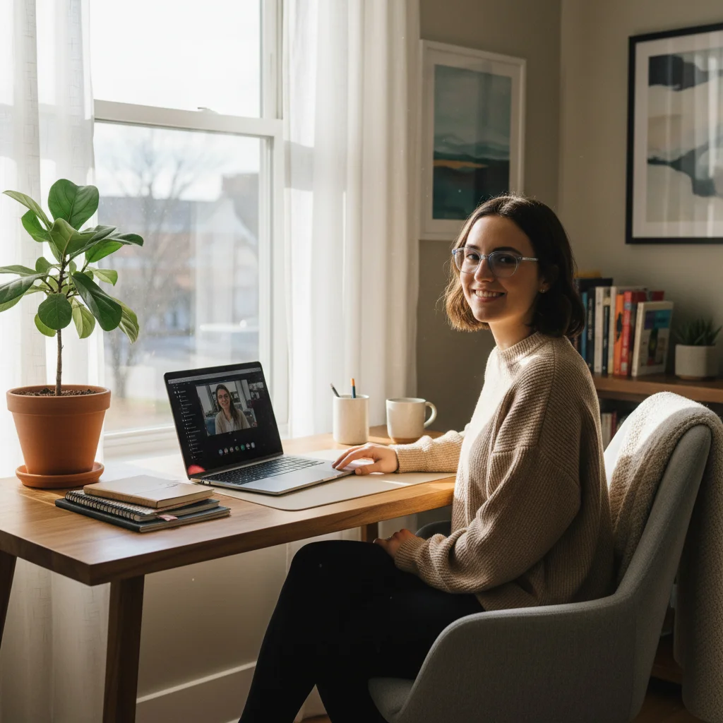 Professional working remotely from a home office, representing flexible work benefits.