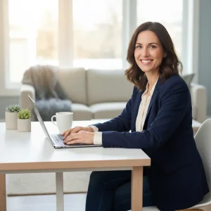 Professional woman working remotely at home office, smiling confidently