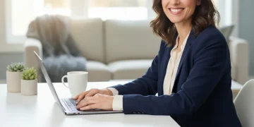 Professional woman working remotely at home office, smiling confidently