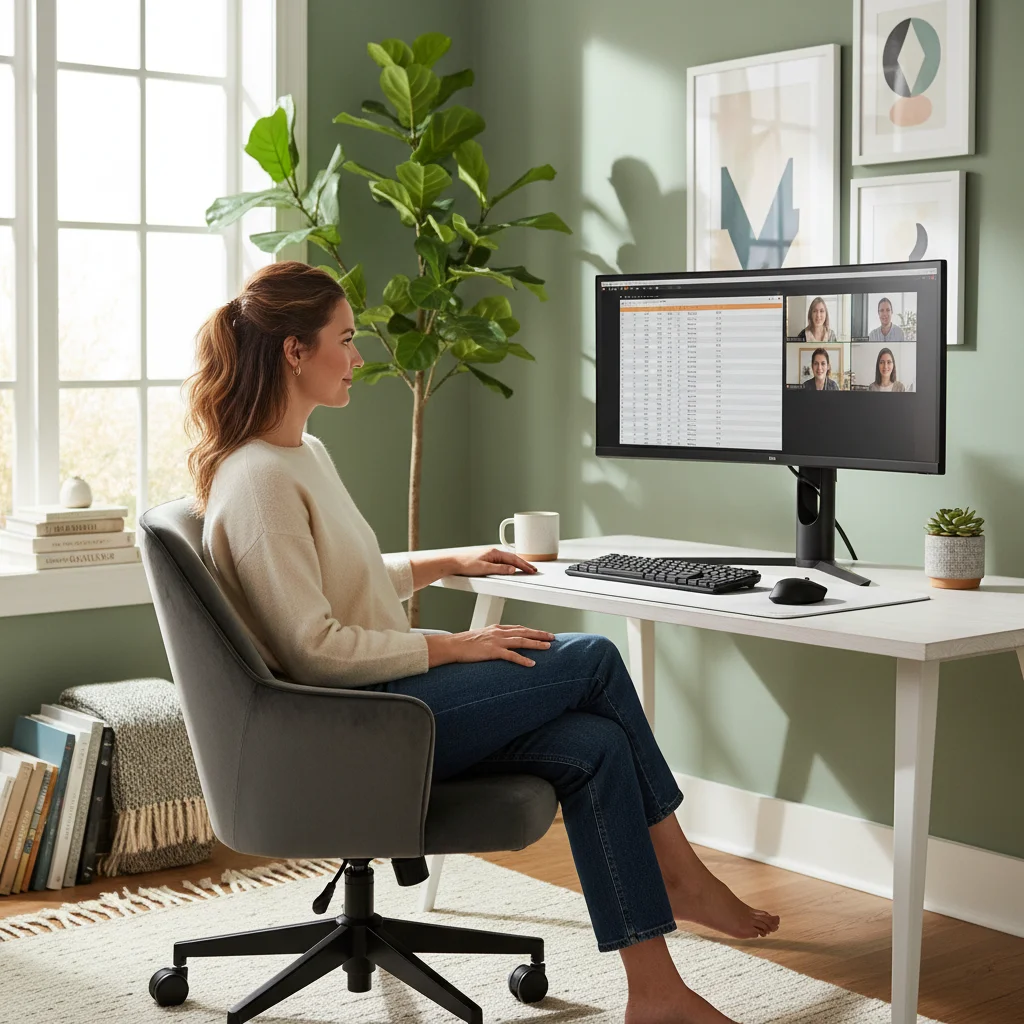 Woman working remotely from a home office, demonstrating flexibility and productivity.