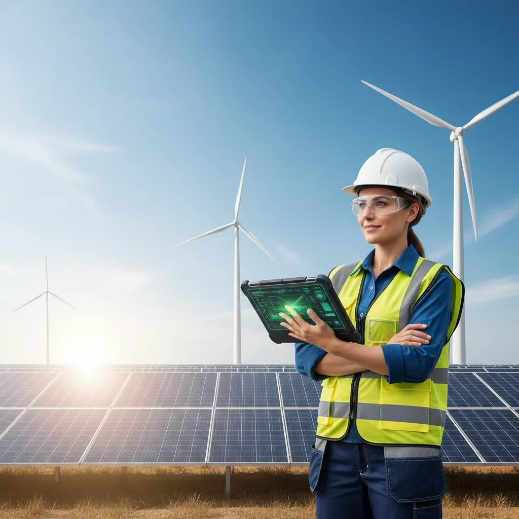Female renewable energy engineer inspecting solar panels.